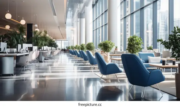 Modern office interior with blue armchairs and plants