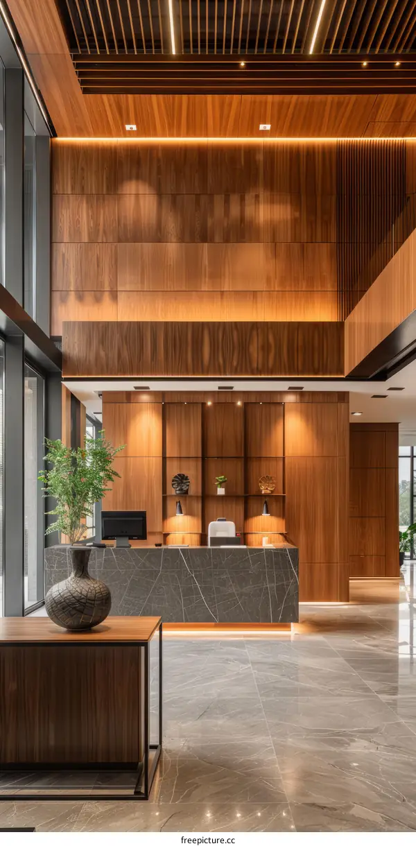 Modern hotel lobby interior with wooden wall paneling and marble floor