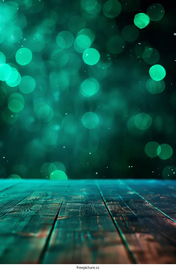 Green wooden table with blurred green bokeh lights background