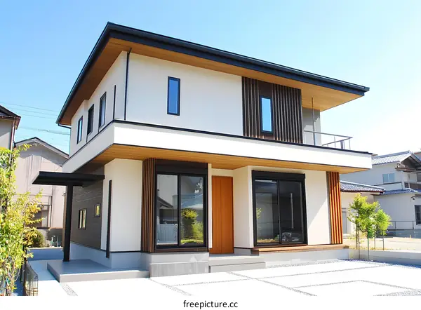 Modern Two Story House with White Walls and Wooden Accents