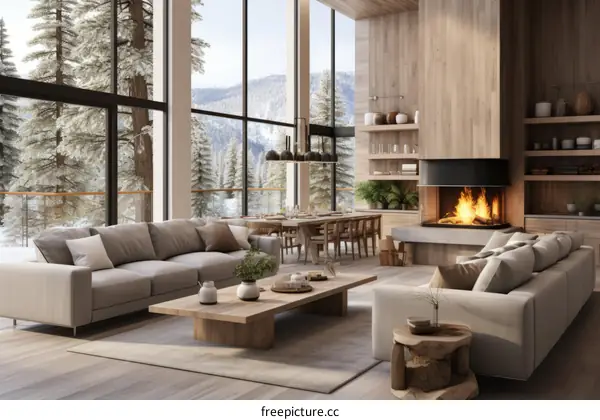 Modern Minimalist Living Room With Fireplace And Snowy Mountain View