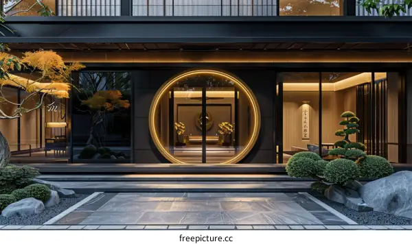 Traditional Chinese Round Door with Black and Gold Design