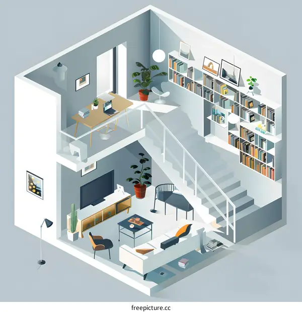 Modern Home Interior Design with Stairs and Bookshelf