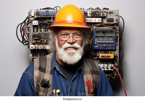 portrait of an electrician with a beard wearing a hard hat and glasses