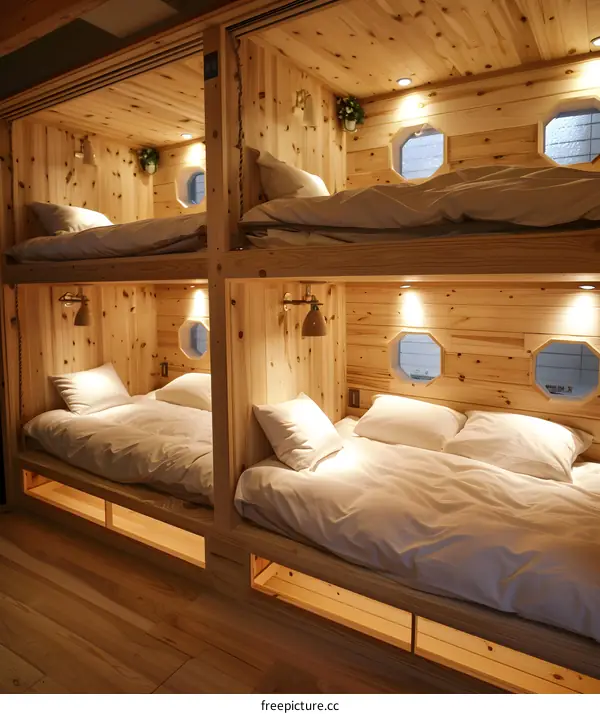 Wooden Bunk Beds In A Cozy Dorm Room