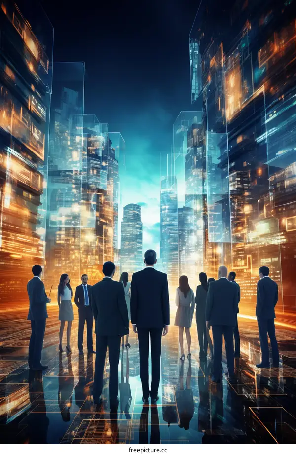 Business professionals discussing the future of technology in a virtual cityscape