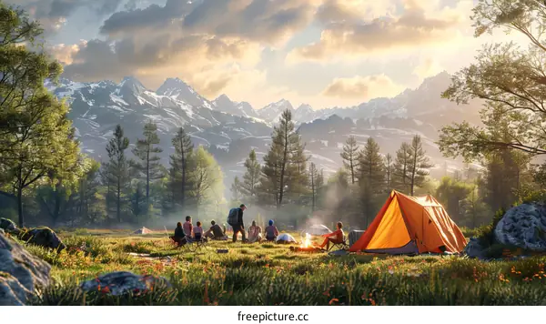 A group of friends camping in the mountains