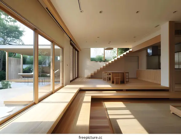 Modern Minimalist Wooden Interior Design With Stairs And Large Window