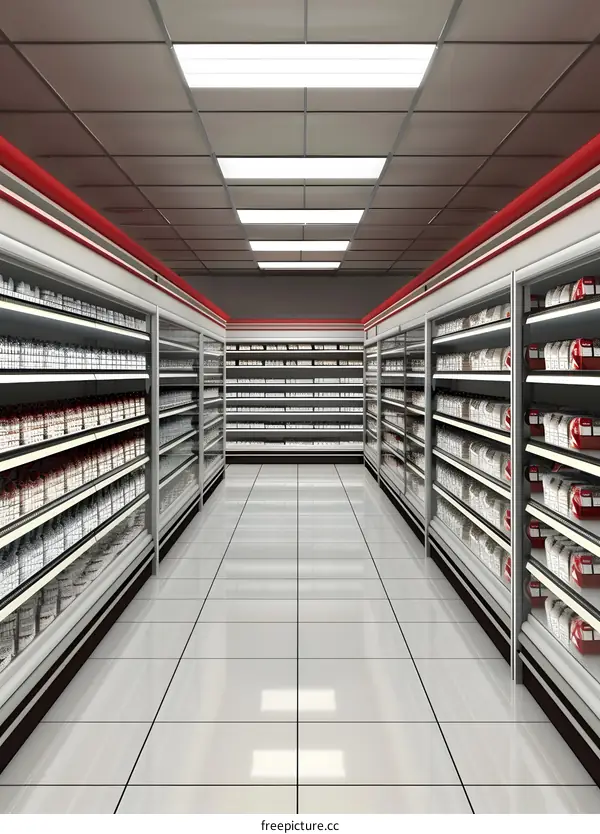 Empty Supermarket Aisle With Shelves Full Of Products