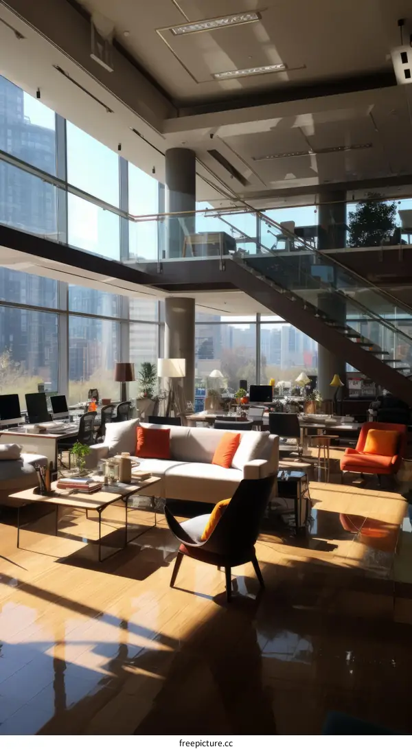Modern Office Interior with Glass Windows, White Sofa, and Orange Armchairs