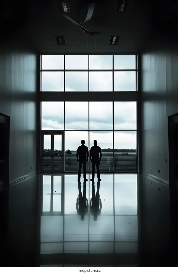 Silhouettes of Two Men Standing in Front of a Large Window