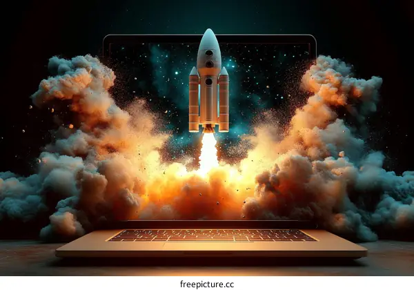 Rocket Launch from Laptop Screen Illustration