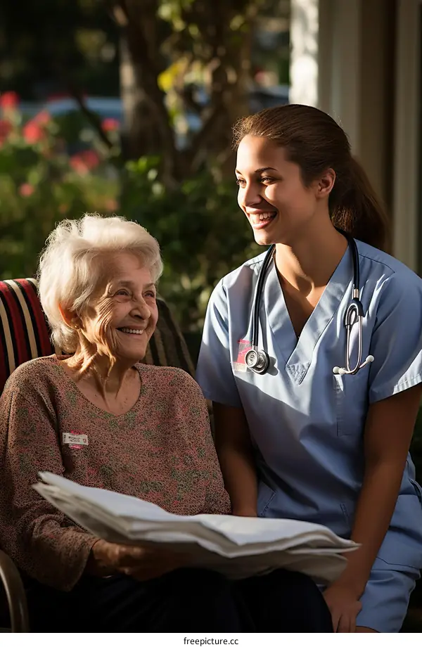 A young woman and an elderly woman are sitting in a garden