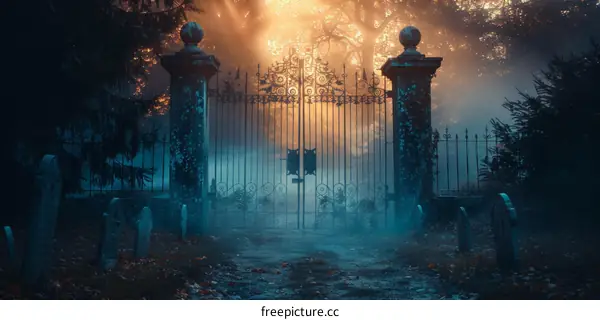 Mystic Cemetery Gates and Foggy Tombstones