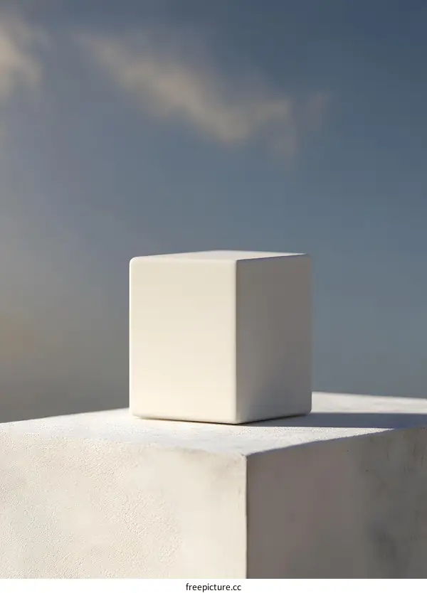 White Cube On White Platform Against Blue Sky