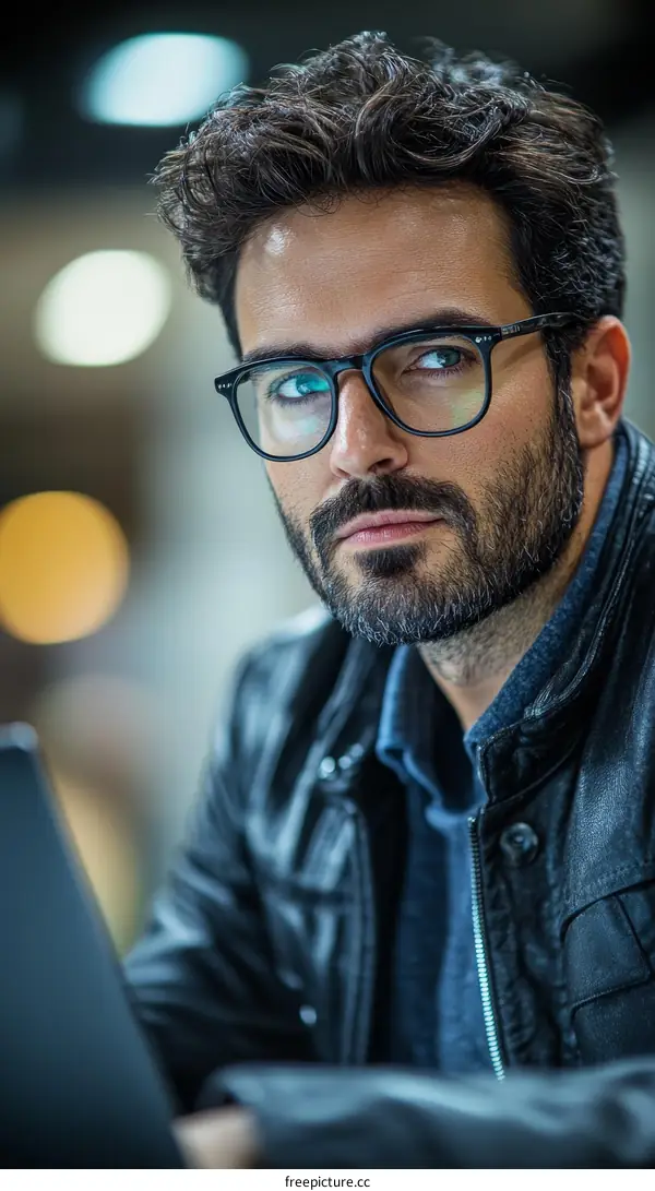 Close-up portrait of a focused man wearing glasses