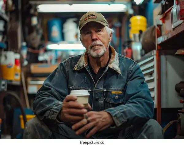 Portrait of a senior male holding a coffee cup in a workshop