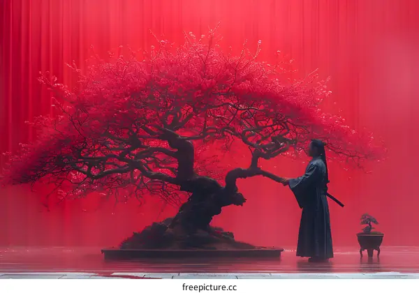 A samurai standing next to a cherry blossom tree