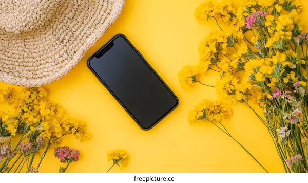 Yellow Flowers and Smartphone on Yellow Background