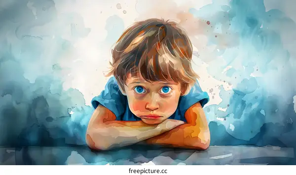 Watercolor portrait of a sad little boy