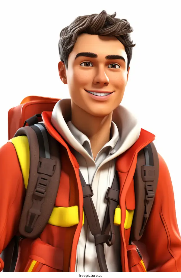 smiling man with brown hair wearing an orange and white jacket