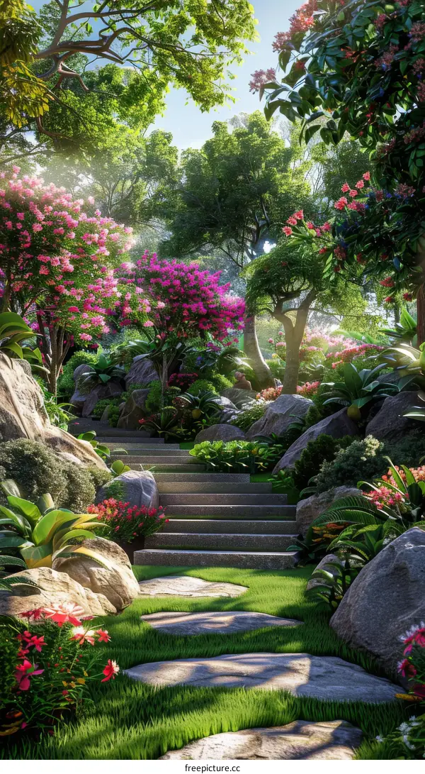 Fantasy Garden Path with Stone Steps and Pink Flowers
