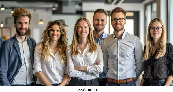 A group of people standing in an office and smiling at the camera