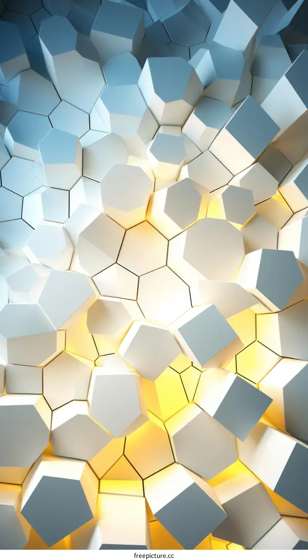 3D illustration of a white and blue honeycomb pattern with a glowing yellow center
