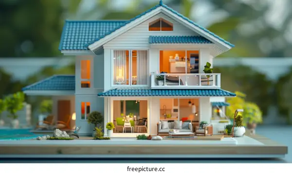 3D rendering of a beautiful modern house with a blue roof