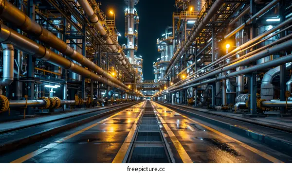 Industrial Facility and Pipes under Night Sky