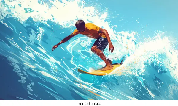 Surfing in a Majestic Blue Ocean Wave