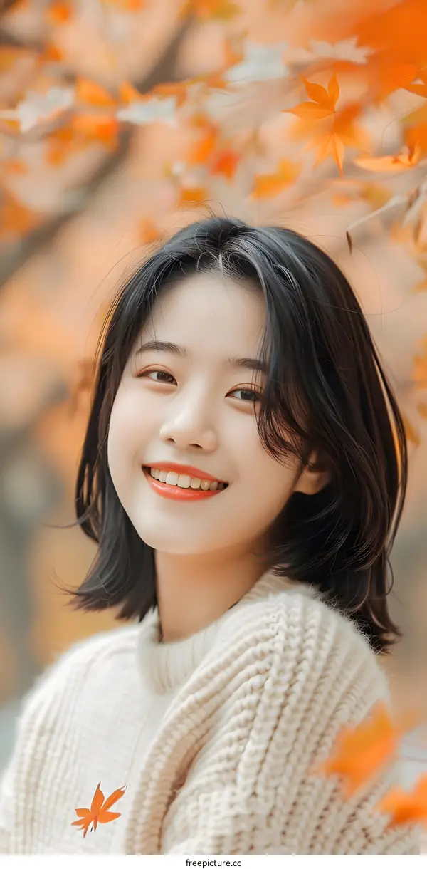 Smiling Asian Woman in Autumn Leaves