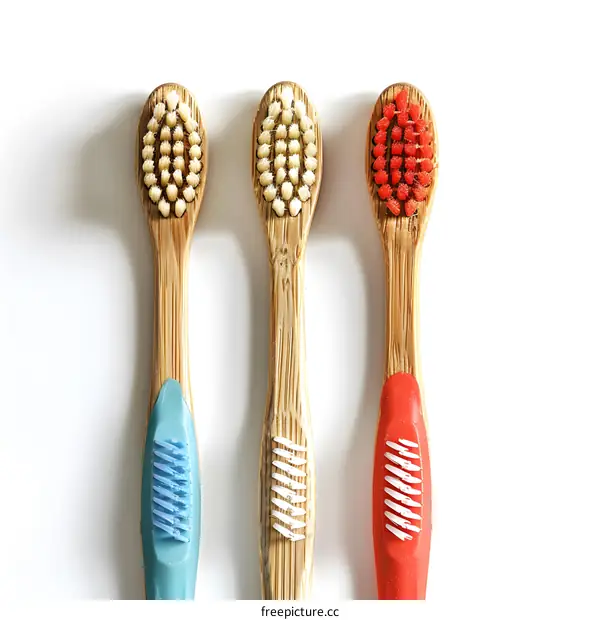 Three Colorful Bamboo Toothbrushes on White Background