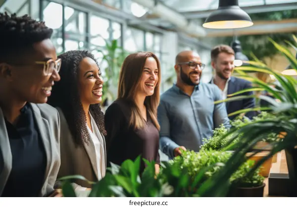 A group of multi-ethnic business professionals having a casual conversation in an indoor garden setting