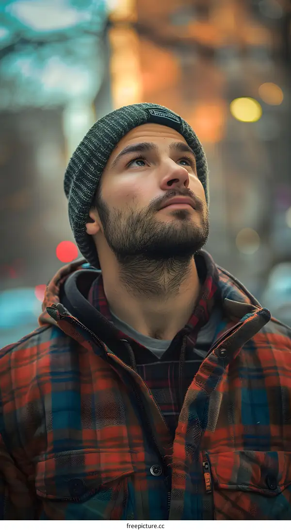 Man in Plaid Shirt Looking Up