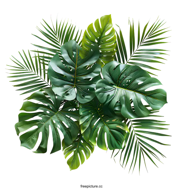 [Transparent Background PNG]Green leaves of different tropical plants on white background