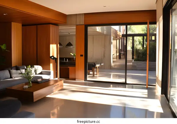 Modern Living Room Interior Design with Wooden Accents and Glass Doors