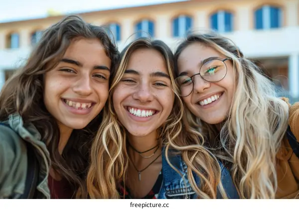 Three young women smiling and posing for a selfie