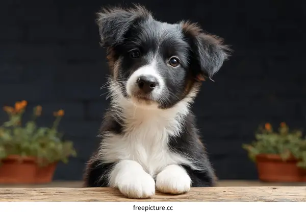Cute Border Collie Puppy on Wooden Surface
