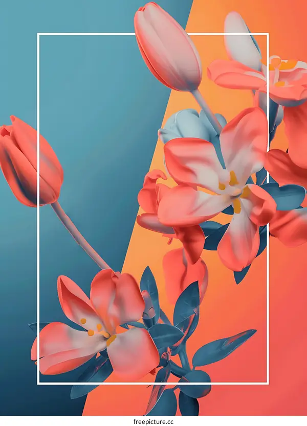 Minimalist Flower Illustration with Blue and Orange Background