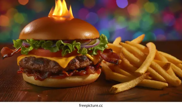 Flaming Cheeseburger and Fries