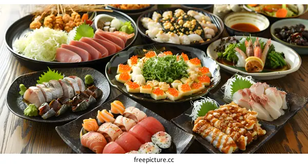 Japanese Food Platter With Various Sashimi And Sushi