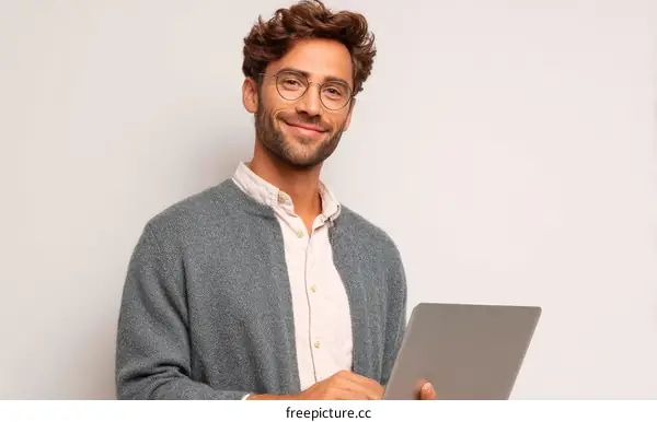 Smiling Man Working on Laptop