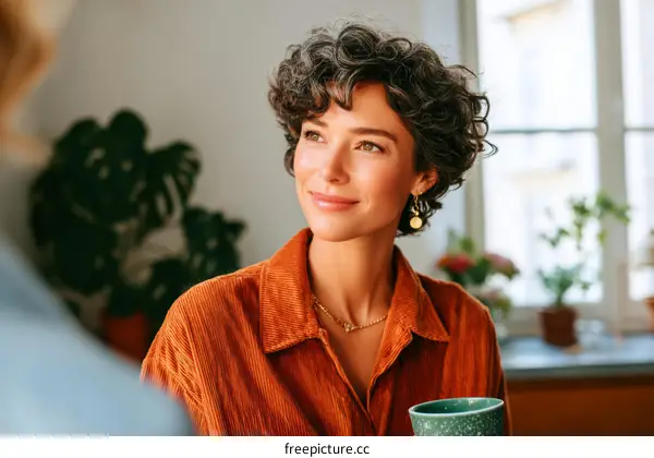 Caucasian Woman in Conversation in Cozy Home Environment