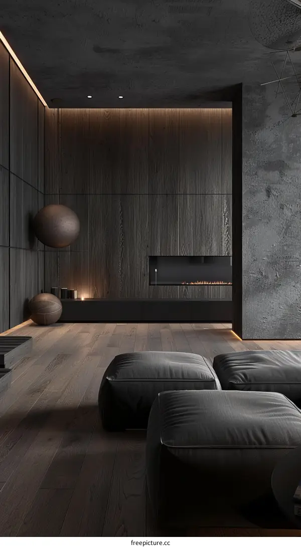 Dark and moody living room with fireplace
