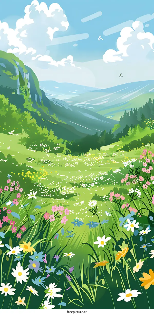 Beautiful Meadow Landscape With Green Grass And Colorful Flowers Illustration