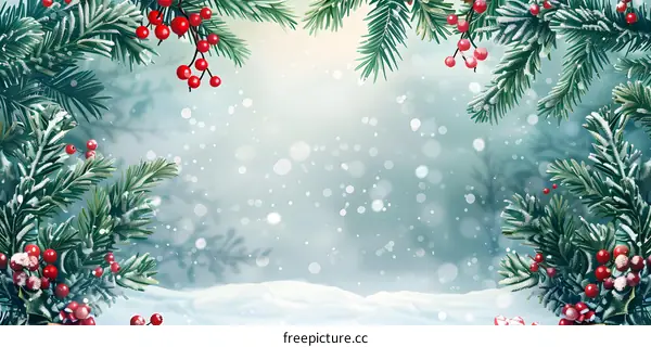 Christmas background with fir branches and red berries