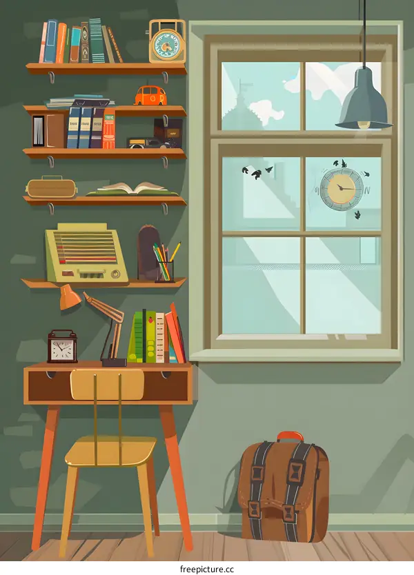 Vintage Home Office Interior Design Illustration with Desk, Bookshelf, Window, and Clock