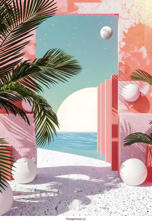Pink and Blue Minimalist Tropical Scene with Palm Trees and Beach