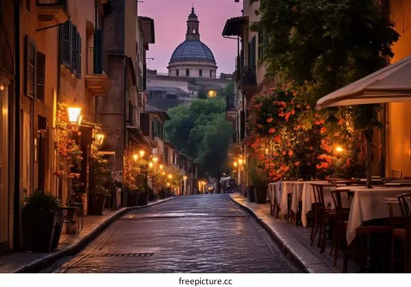 Romantic Italian Street Scene at Dusk with Outdoor Dining